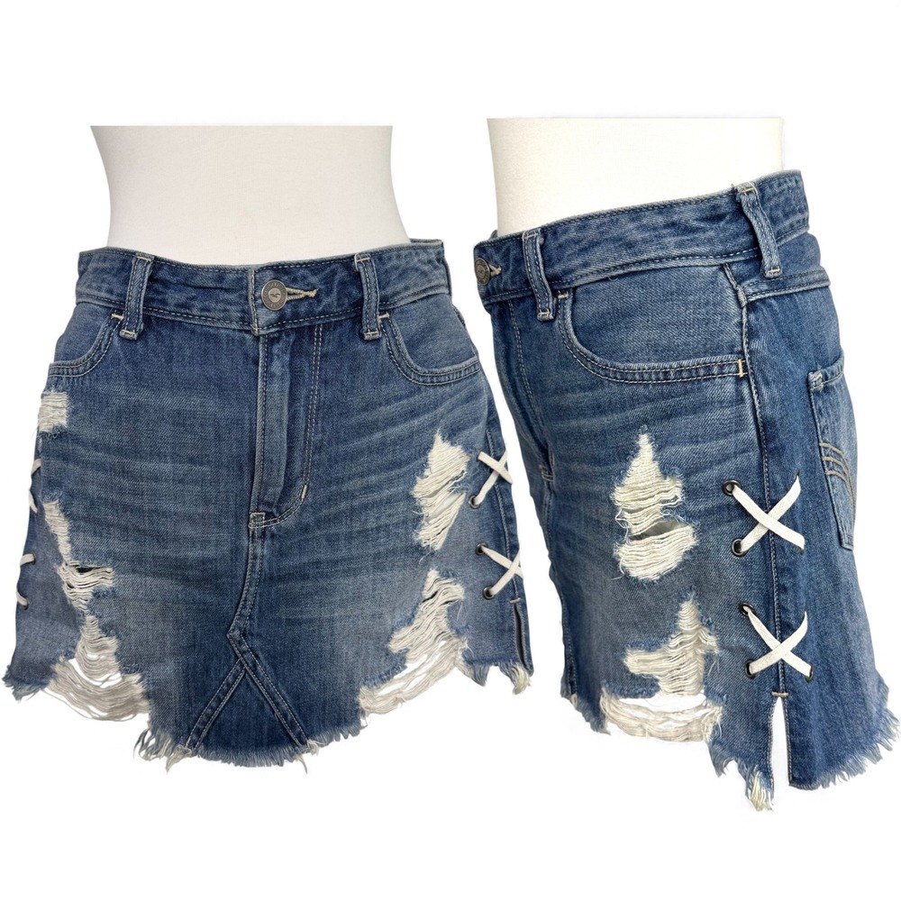 Hollister High Rise Distressed Denim Mini Skirt Lace Up Sides W26 Y2K Grunge‎